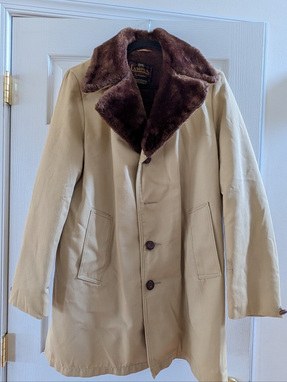 Vintage Campus Beige Coat with Brown Faux Fur Collar - Men's Jacket
